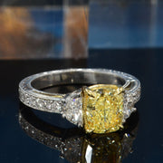 2.60 Ctw Canary Fancy Yellow Cushion & Half Moon Art Deco Diamond Ring VS1 GIA