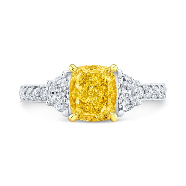 3.40 Ctw Canary Fancy Light Yellow Cushion & Half Moon Art Deco Diamond Ring VS1 GIA