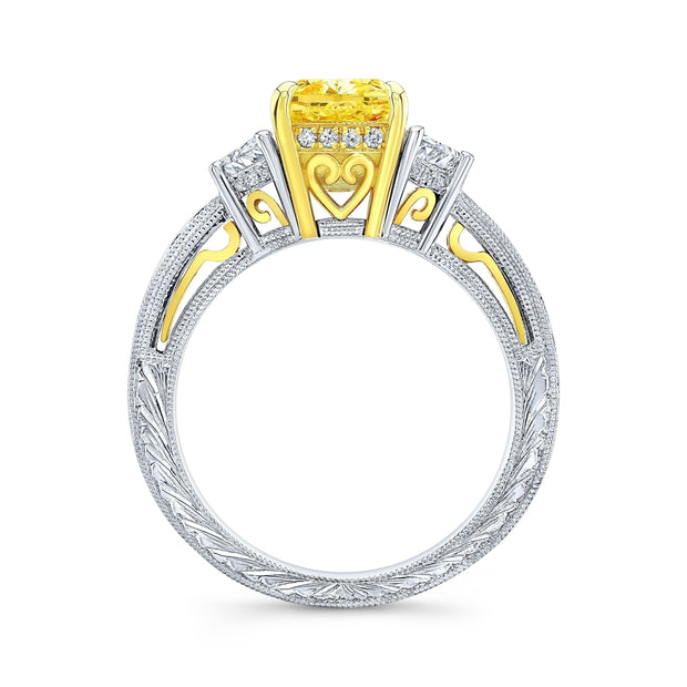 3.90 Ctw Canary Fancy Yellow Cushion & Half Moon Art Deco Diamond Ring VS2 GIA