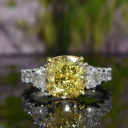 5 Ctw.  Canary Fancy Yellow Cushion, Half Moon & Round Cut Accent Ring VS1 GIA Certified