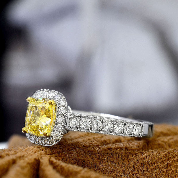 3.10 Ct. Canary Fancy Yellow Halo Cushion Cut Engagement Ring VVS1 GIA Certified