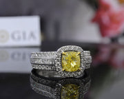  Yellow Canary Cushion Cut Halo Engagement Ring Front View