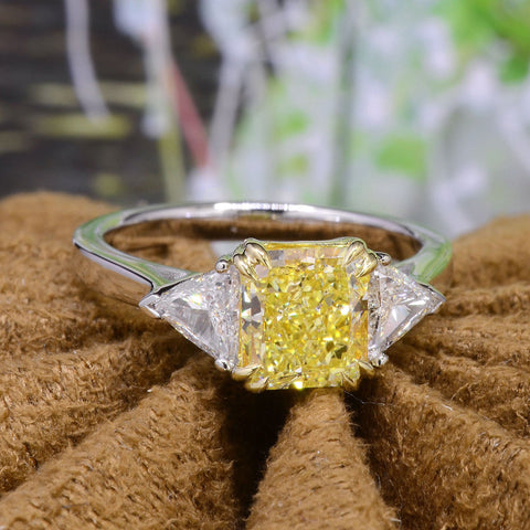 Fancy Light Yellow Radiant Cut 3-Stone Diamond Ring Front View