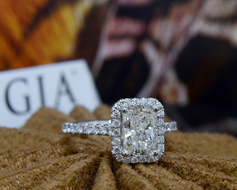 Halo Radiant Cut Diamond Ring Set G Color VS2 GIA