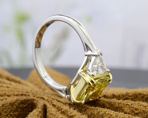 Fancy Light Yellow Radiant Cut 3-Stone Diamond Ring Profile View