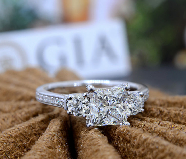 Unique Diamond Tension Set Solitaire Engagement Ring - with A 3 ct Center Princess Cut GIA Natural Diamond in White Gold