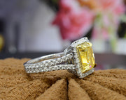 4.05 Ct Fancy Yellow Square Halo Radiant Cut Split Shank Diamond Ring VS1 GIA Certified