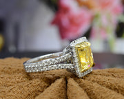 4.90 Ct. Elongated Canary Fancy Yellow Radiant Split Shank Halo Ring SI1 GIA