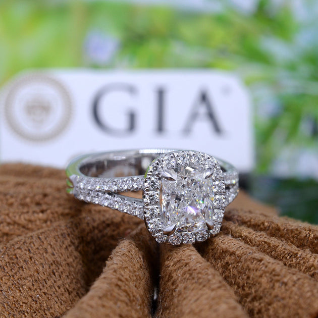 Elongated Halo Cushion Cut Split Shank Diamond Ring G - Main Image
