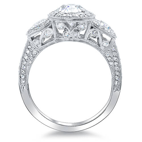 3 Stone Halo Oval Engagement Ring  Profile View