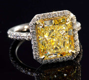 5.90 Ct Halo Fancy Yellow Square Radiant Cut Diamond Ring VS2 GIA Certified
