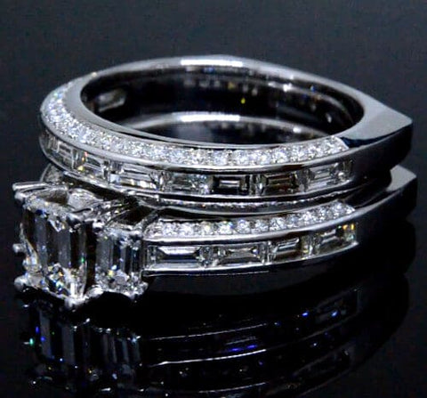 3 Stone Emerald Cut Diamond Ring Set w Baguettes & Pave