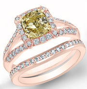 Fancy Light Yellow Cushion Halo Split Shank Diamond Ring Set Rose