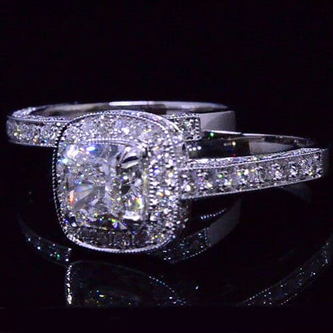 Cushion Cut Diamond Halo Engagement Ring Set