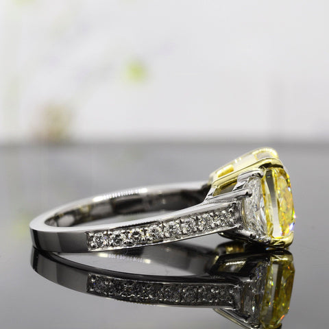 Yellow Cushion 3 Stone Engagement Ring Side View