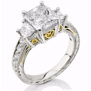 3.20 Ct Radiant Cut 3 Stone Art Deco Engagement Ring Hand-Carved G Color VS2 GIA Certified