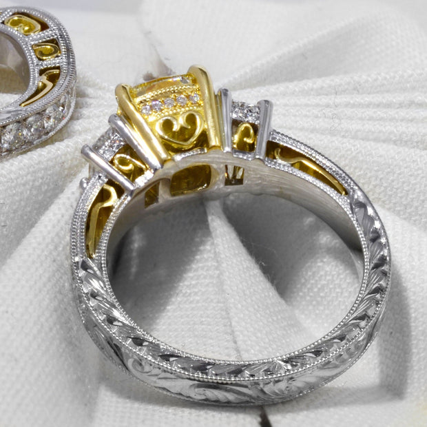 Yellow Cushion Cut Hand-Carved Diamond Ring Profile View