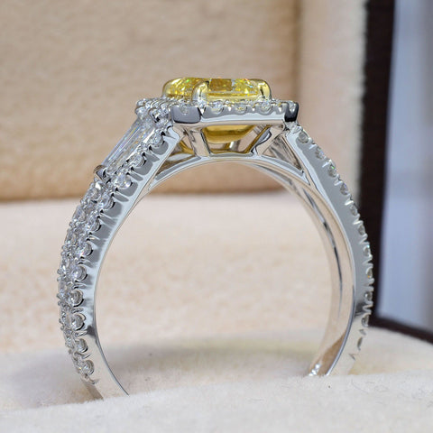 3.80 Ct. Canary Fancy Yellow Emerald Cut Diamond Ring w Baguettes VS2 GIA Certified