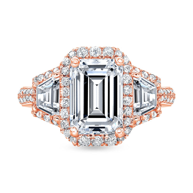 4.00 Ct. Halo Emerald Cut & Trapezoids Engagement Ring J Color VS1 GIA Certified
