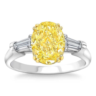 Oval Cut Canary Fancy Light Yellow Diamond Ring w Side Baguettes