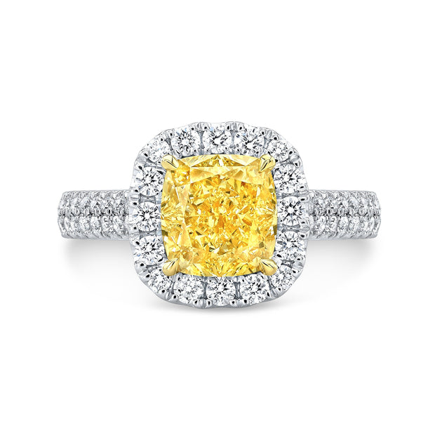 Fancy Yellow Cushion 2Row Pave Diamond Ring Front View