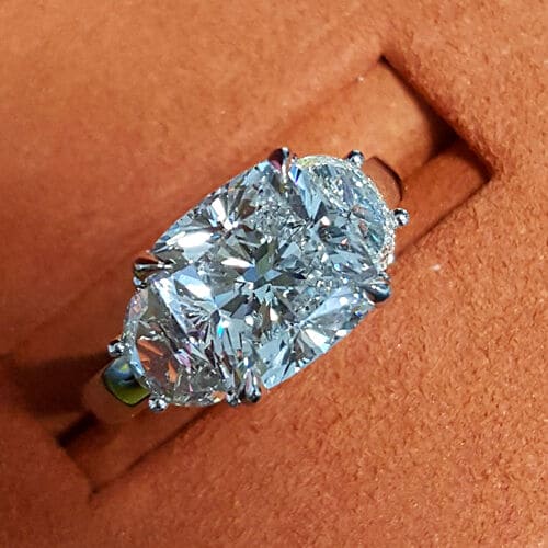3.60 Ct 3 Stone Cushion Cut Engagement Ring w Half Moons G Color SI1 GIA Certified