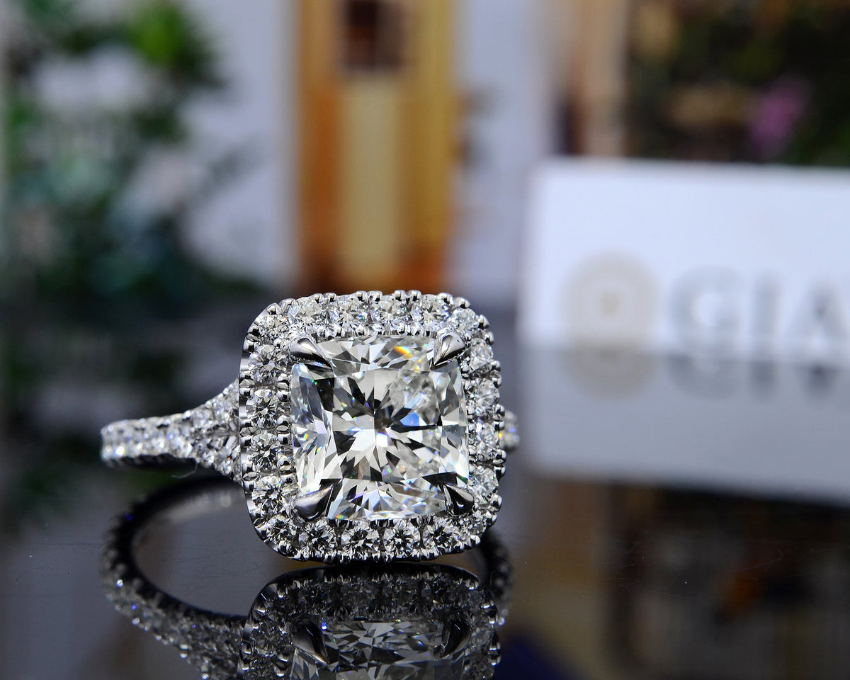 Split shank cushion cut engagement rings