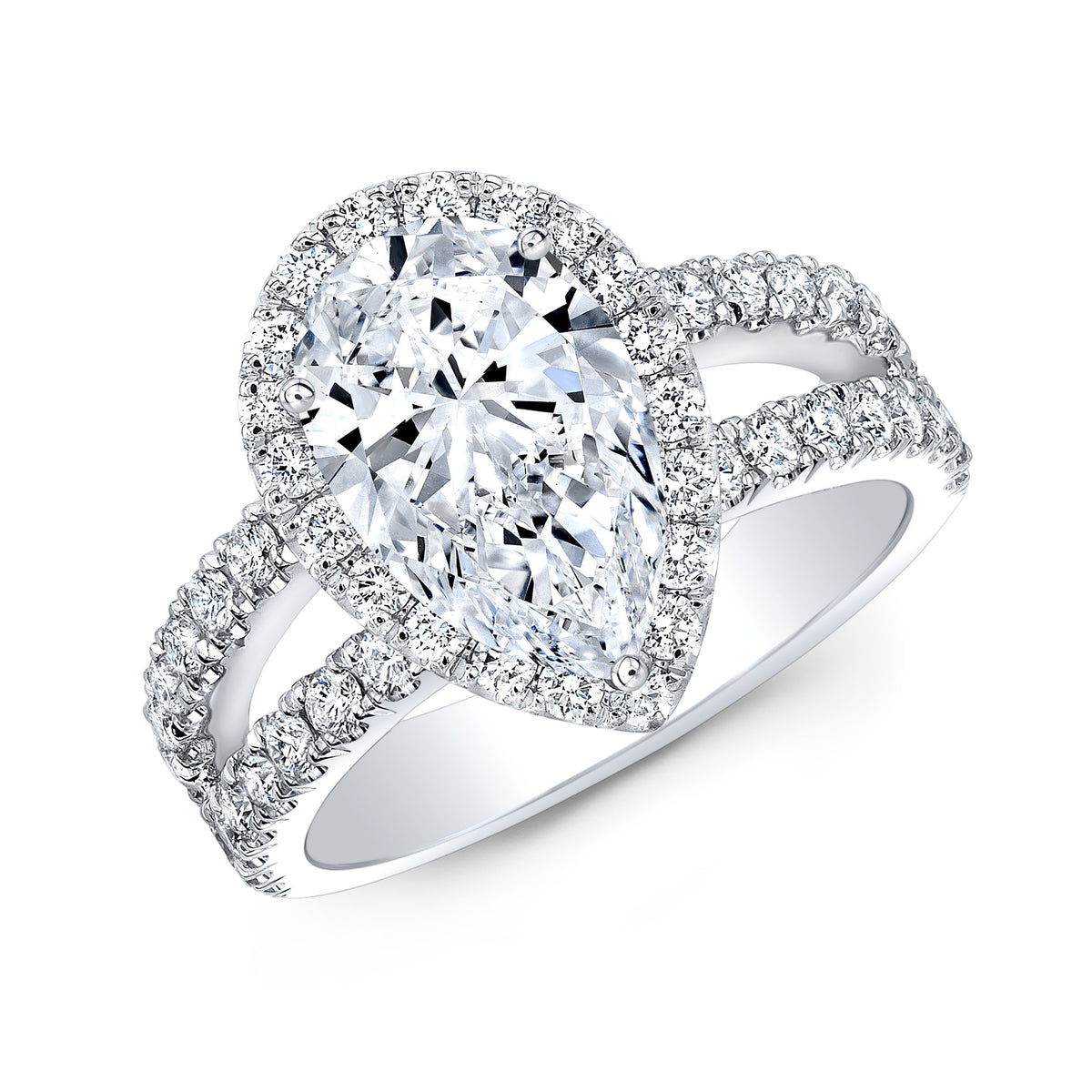 Halo pear cut tear drop split shank diamond engagement ring