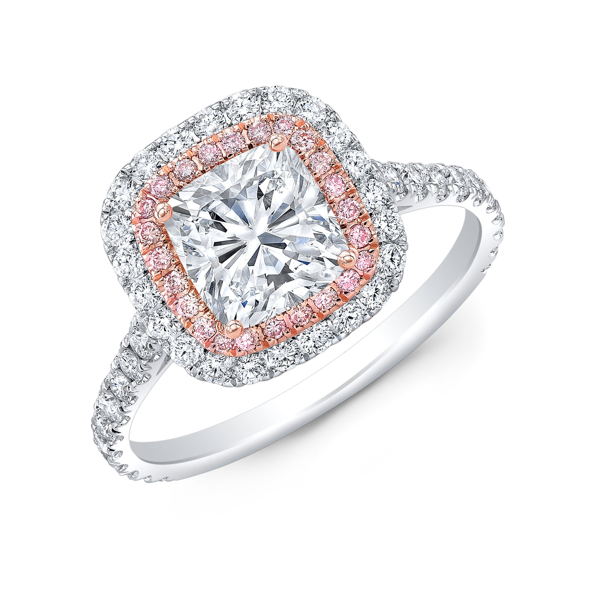 Double halo cushion ring with pink diamonds
