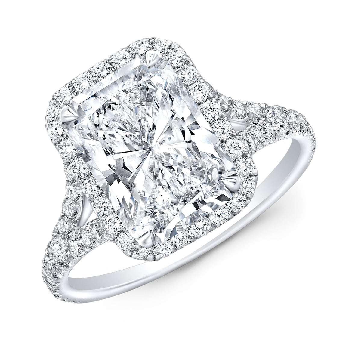 Radiant cut split shank engagement rings