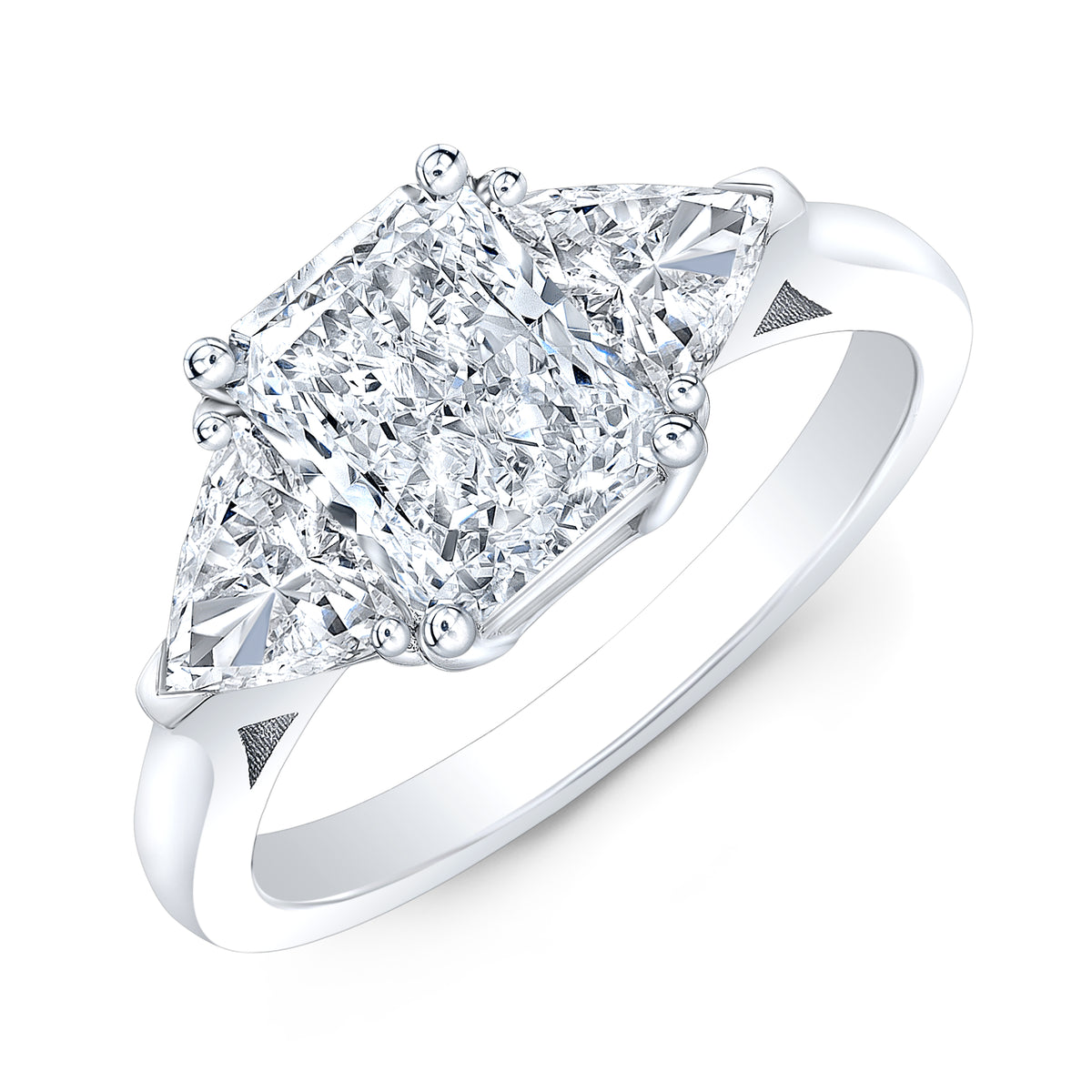 Radiant cut diamond ring with trillions