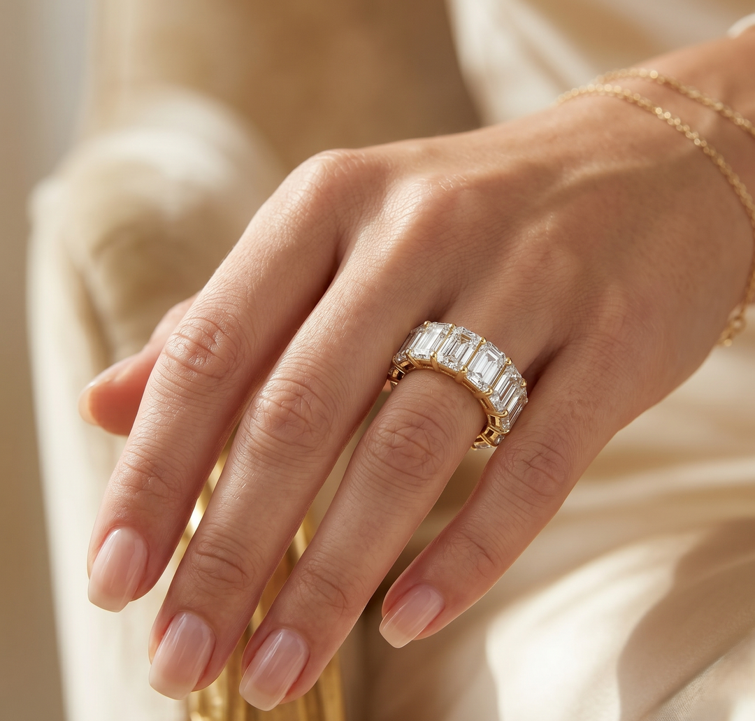10.5 Carats Emerald Cut Eternity Band Gallery Design G-H Color VS1 All GIA Certified