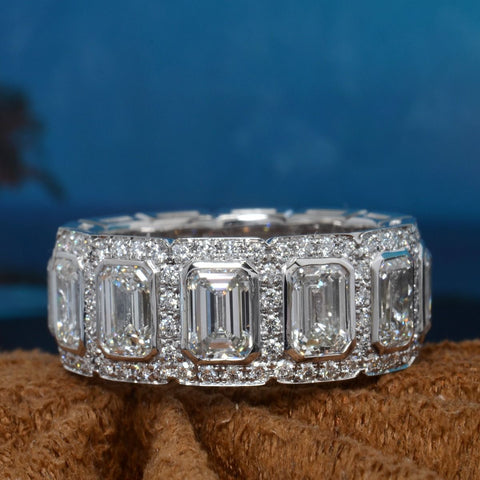 10 Ct. Bezel Emerald Cut Halo Men's Eternity Ring F-G Color, VS1 Clarity