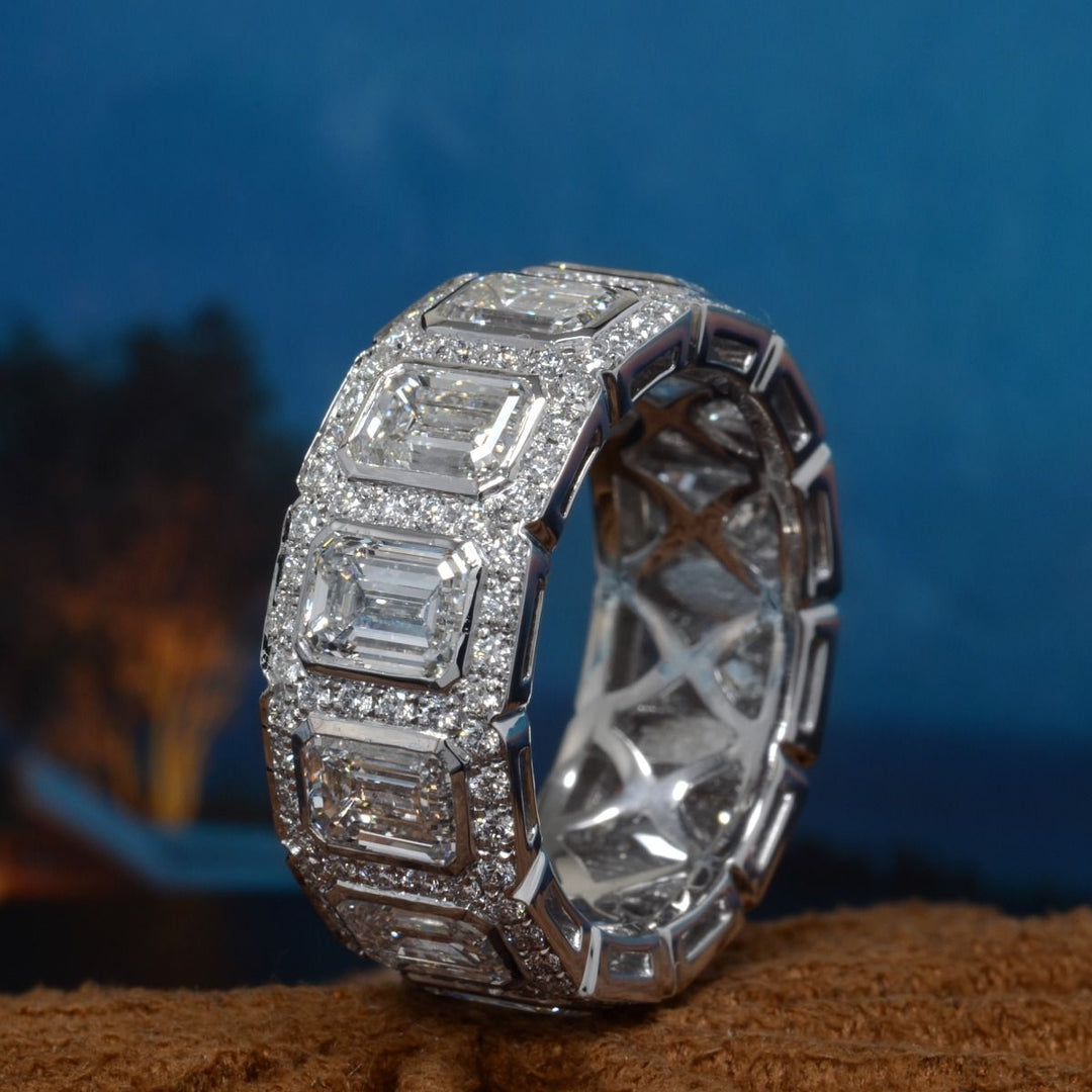 10 Ct. Bezel Emerald Cut Halo Men's Eternity Ring F-G Color, VS1 Clarity