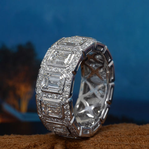 10 Ct. Bezel Emerald Cut Halo Men's Eternity Ring F-G Color, VS1 Clarity