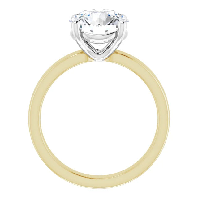 Round Cut Diamond Solitaire Engagement Ring in white gold prong head with yellow gold band side profile