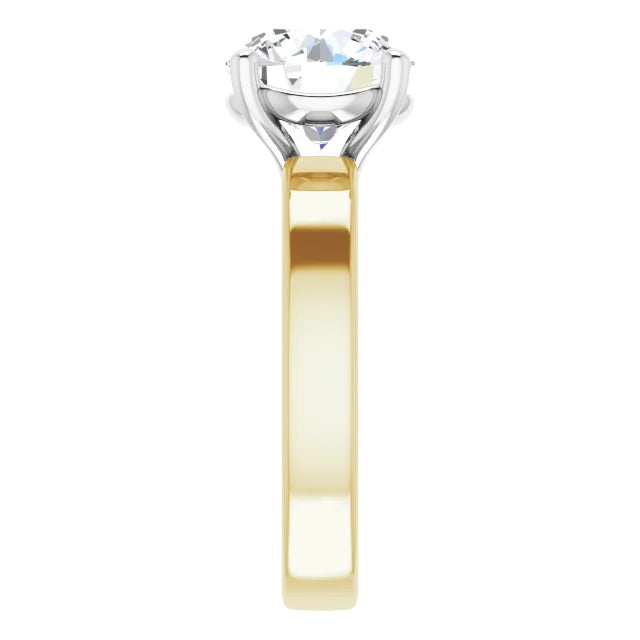 Round Cut Diamond Solitaire Engagement Ring in white gold prong head with yellow gold band side view