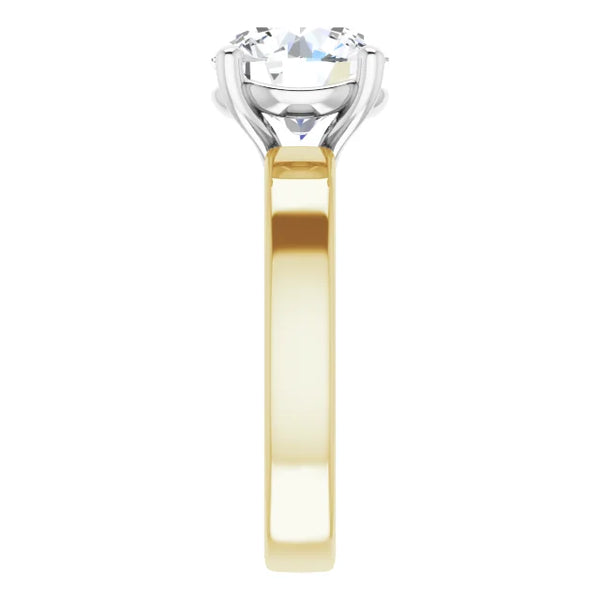 Round Cut Diamond Solitaire Engagement Ring in white gold prong head with yellow gold band side view