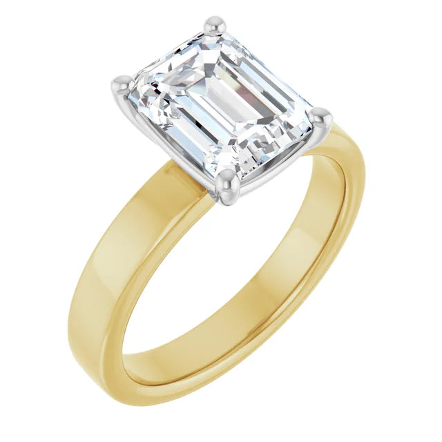 Emerald Cut Diamond Solitaire Engagement Ring in white gold prong head with yellow gold band