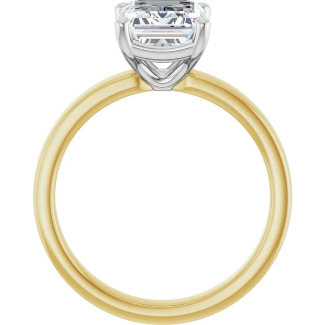 Emerald Cut Diamond Solitaire Engagement Ring in white gold prong head with yellow gold band side profile