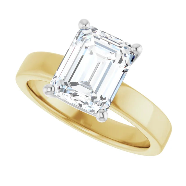 Emerald Cut Diamond Solitaire Engagement Ring in white gold prong head with yellow gold band