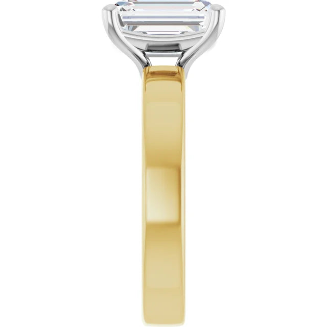 Emerald Cut Diamond Solitaire Engagement Ring in white gold prong head with yellow gold band side view