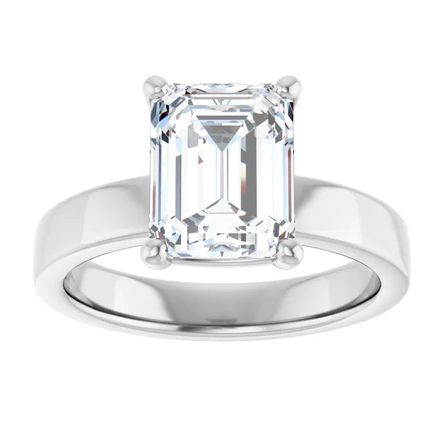 Emerald cut diamond solitaire engagement ring in white gold top view