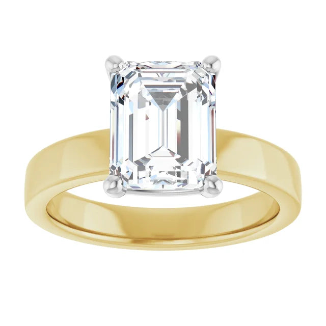 Emerald Cut Diamond Solitaire Engagement Ring in white gold prong head with yellow gold band top view