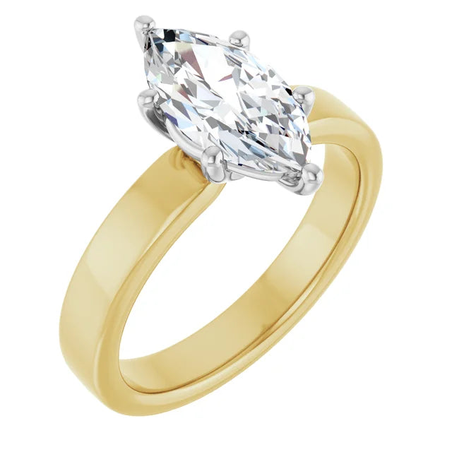 Marquise Shape Diamond Solitaire Engagement Ring in white gold prong head with yellow gold band