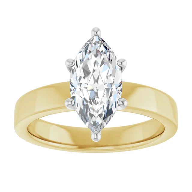 Marquise Shape Diamond Solitaire Engagement Ring in white gold prong head with yellow gold band top view