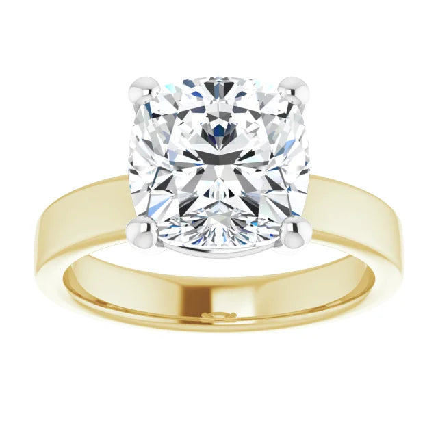Cushion Cut Diamond Solitaire Engagement Ring in white gold prong head with yellow gold band top view