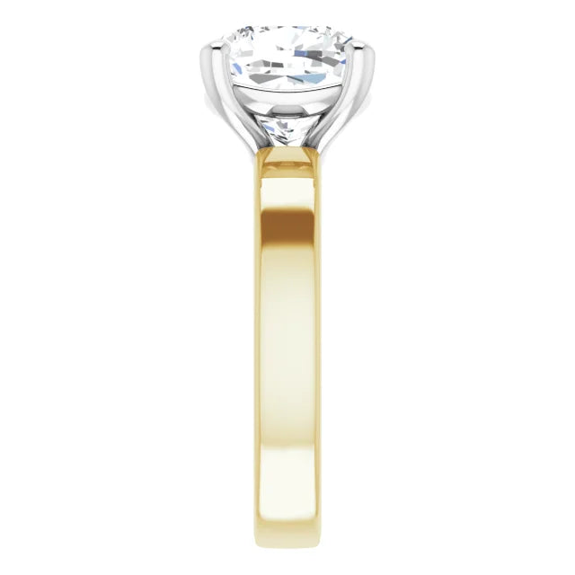 Cushion Cut Diamond Solitaire Engagement Ring in white gold prong head with yellow gold band side view