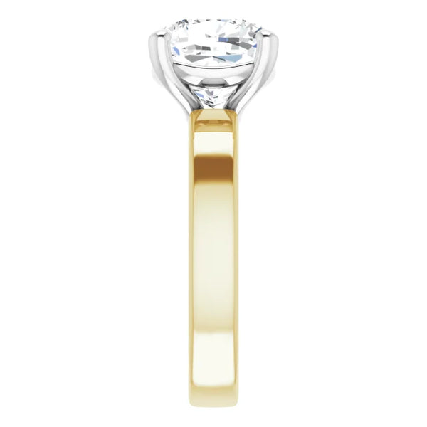 Cushion Cut Diamond Solitaire Engagement Ring in white gold prong head with yellow gold band side view