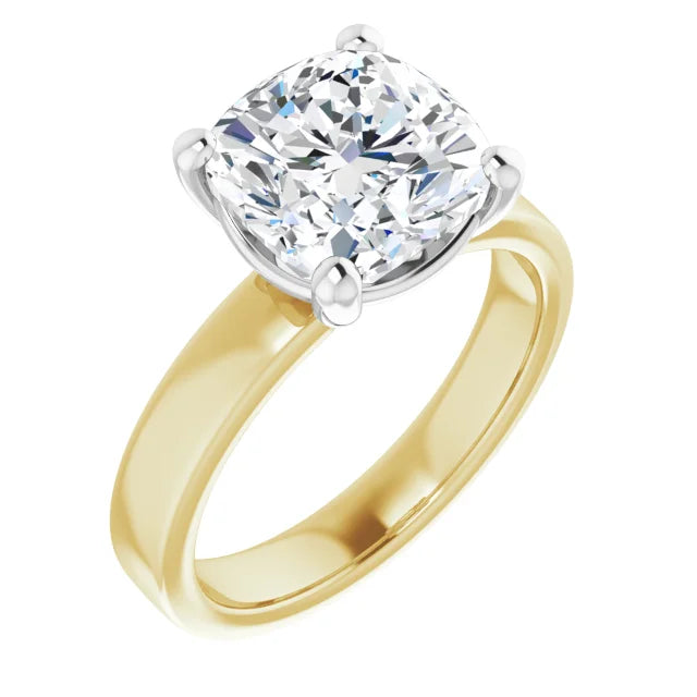 Cushion Cut Diamond Solitaire Engagement Ring in white gold prong head with yellow gold band